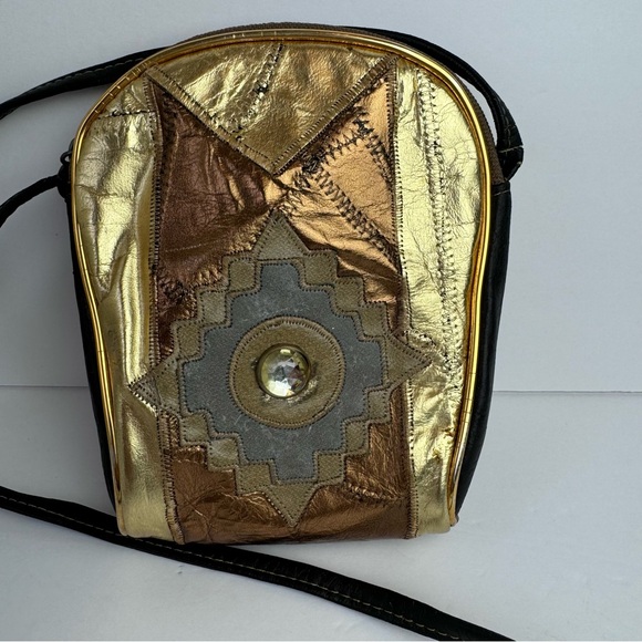 Vintage Jewel Embellished Gold Bronze Metallic Patchwork Mini Crossbody Bag 5x8 - Picture 13 of 16